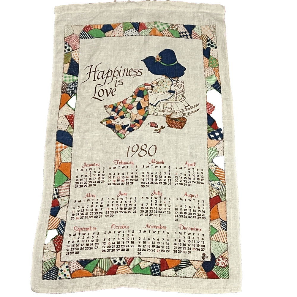 1980 Linen Towel Calendar Sunbonnet Sue Quilter Patchwork Vintage Wall Hanging
